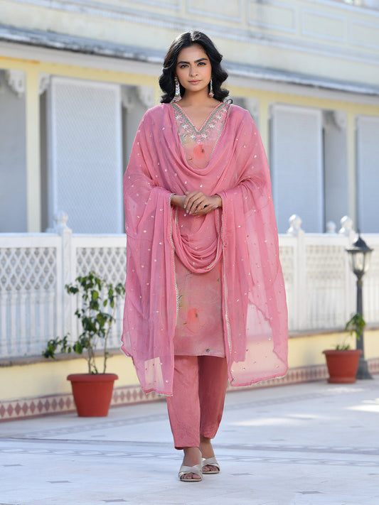 Vaasva Women's Pink Viscose Tissue Digital Printed Suit Set | Swadesiicart