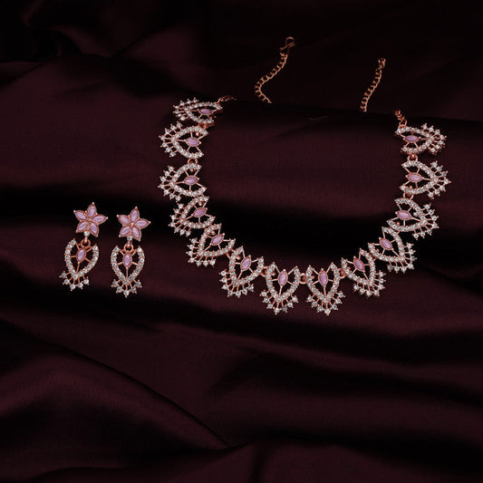 Tehzeeb Creations Lavender Colour Sparkle Stone Studded Necklace With Earrings - Swadesiicart