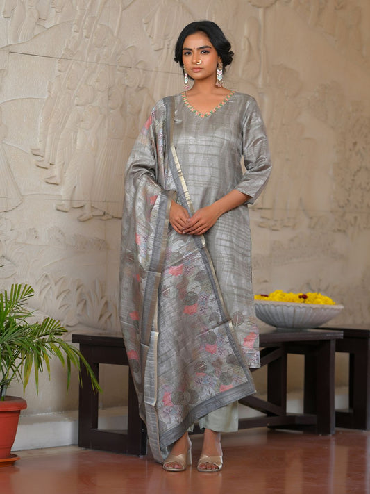 Vaasva Women's Charcoal Grey Silk Digital Printed Suit Set | Swadesiicart