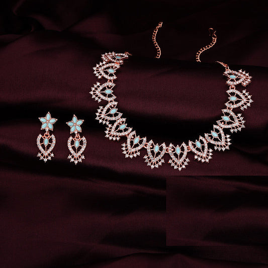 Tehzeeb Creations Sky Blue Colour Sparkle Stone Studded Necklace With Earrings - Swadesiicart