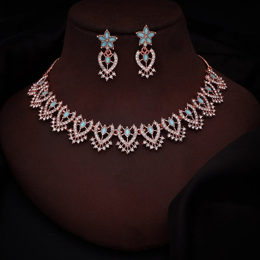 Tehzeeb Creations Sky Blue Colour Sparkle Stone Studded Necklace With Earrings - Swadesiicart