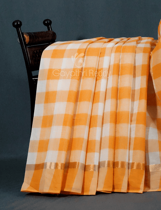 Cream And Orange Coloured With Checks Pure Mangalgiri Cotton Saree By Gayathri Reddy Designer Studio | Swadesiicart