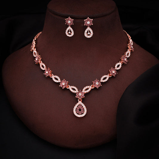 Tehzeeb Creations Elegant Rose Gold Polished American Diamond (Ad) Studded Necklace And Earring Set For Women - Swadesiicart