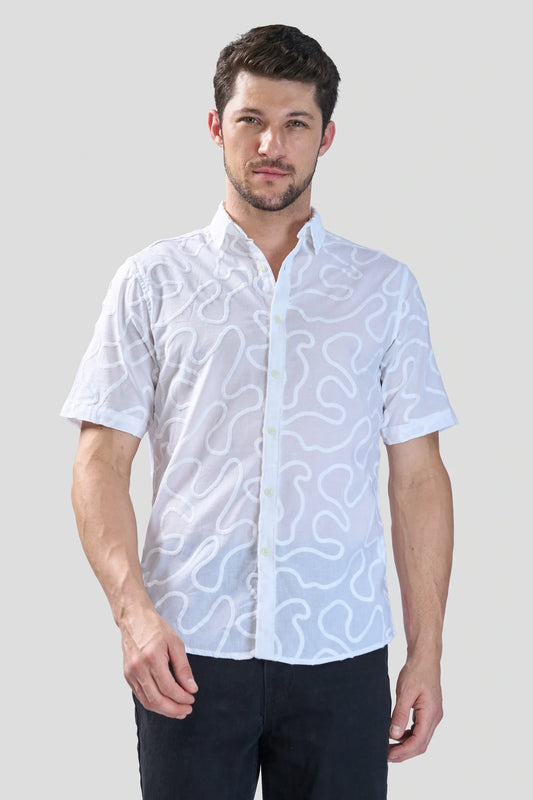 Xkind White Embroidered Relaxed Fit Shirt | Swadesiicart