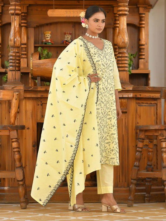 Vaasva Women's Cotton Solid Lemon Embroidered Suit Set | Swadesiicart