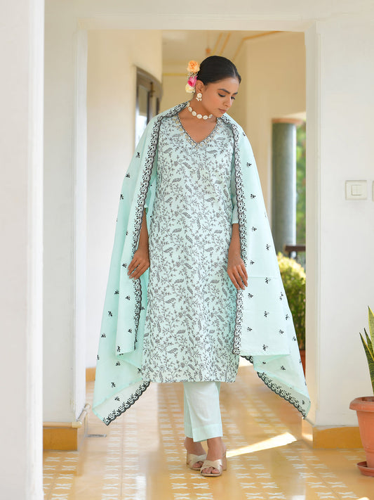 Vaasva Women's Cotton Solid Sky Embroidered Suit Set | Swadesiicart