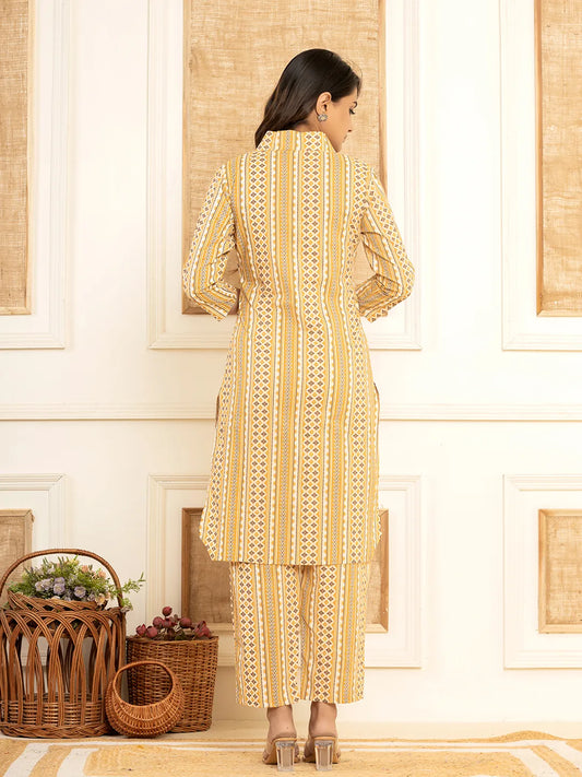 Yufta Mustard Cotton Ethnic Motifs Striped Print Co-Ord Set - Swadesiicart