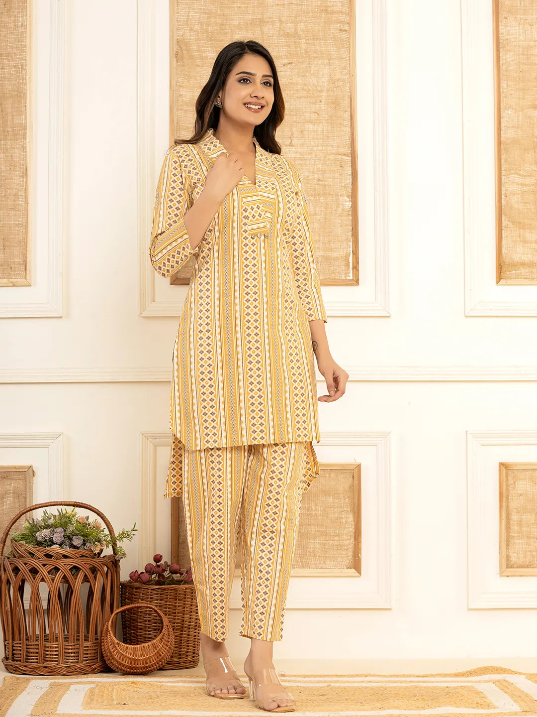 Yufta Mustard Cotton Ethnic Motifs Striped Print Co-Ord Set - Swadesiicart