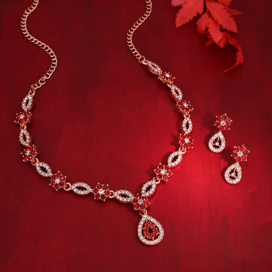 Tehzeeb Creations Elegant Red Polished American Diamond (Ad) Studded Necklace And Earring Set For Women - Swadesiicart