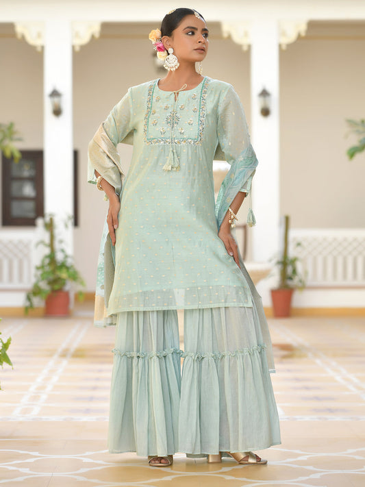 Vaasva Women's Aqua Marine Chanderi Sharara Set | Swadesiicart