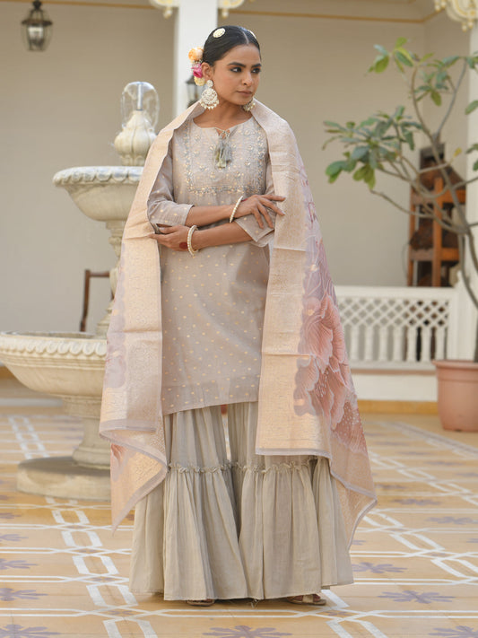 Vaasva Women's Khakhee Chanderi Sharara Set | Swadesiicart