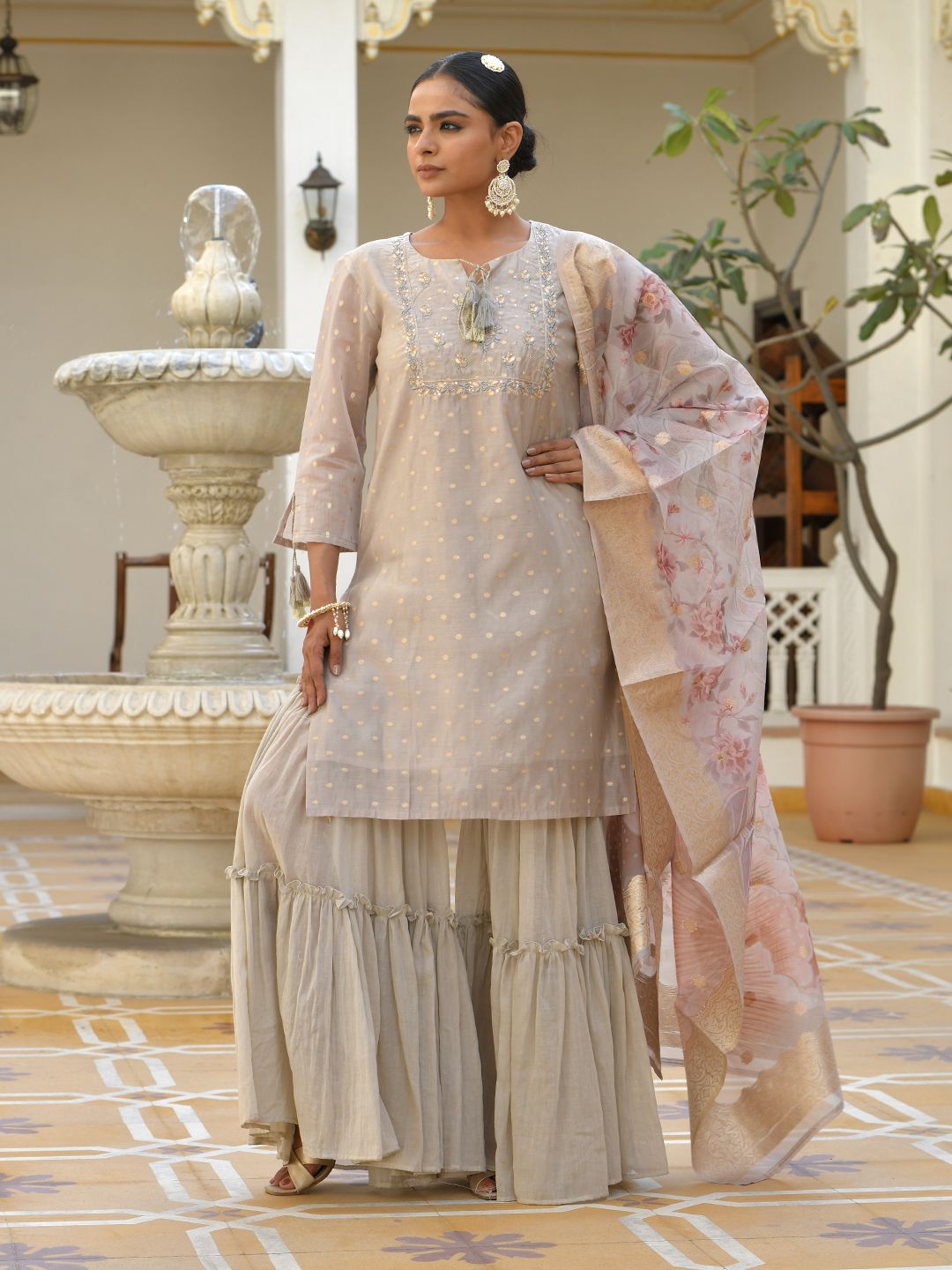 Vaasva Women's Khakhee Chanderi Sharara Set | Swadesiicart