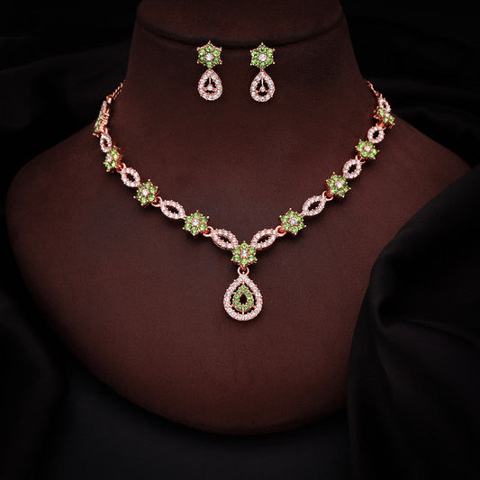 Tehzeeb Creations Elegant Sea Green Polished American Diamond (Ad) Studded Necklace And Earring Set For Women - Swadesiicart
