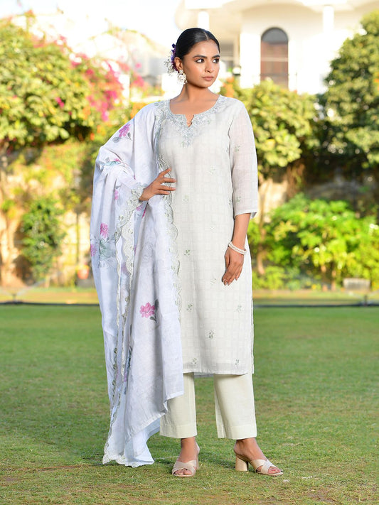 Vaasva Women's Grey Green Linen Suit Set With Cutwork Dupatta | Swadesiicart