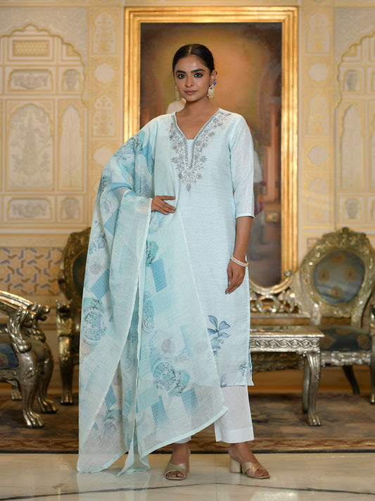 Vaasva Women's Blue Linen Suit Set With Printed Dupatta | Swadesiicart
