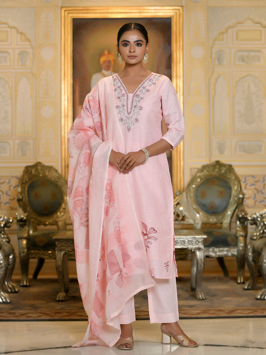 Vaasva Women's Pink Linen Suit Set With Printed Dupatta | Swadesiicart