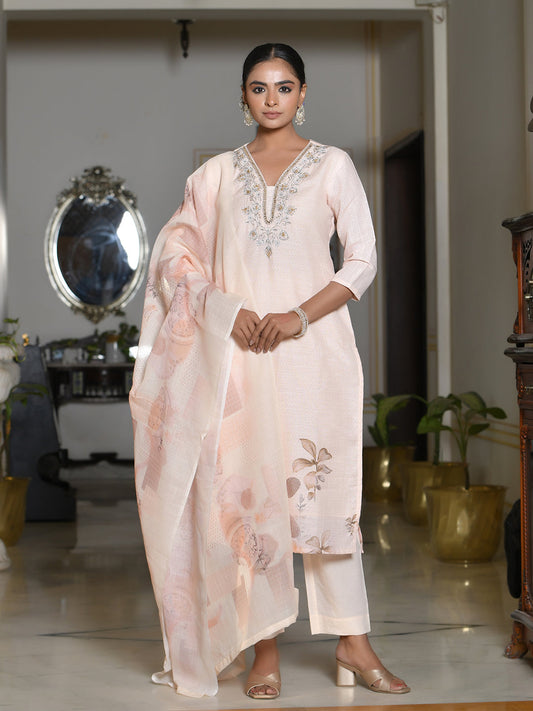 Vaasva Women's Peach Linen Suit Set With Printed Dupatta | Swadesiicart