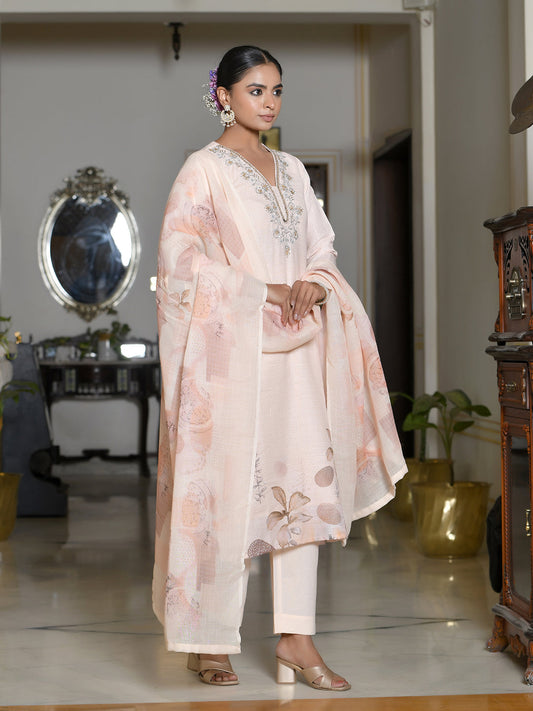 Vaasva Women's Peach Linen Suit Set With Printed Dupatta | Swadesiicart