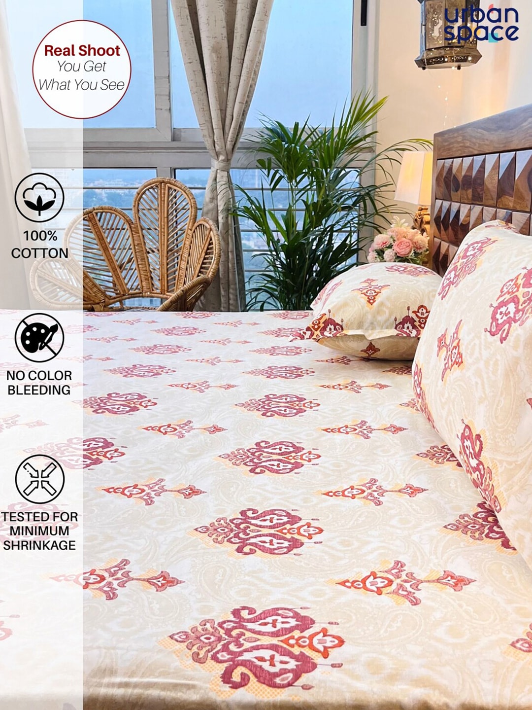 URBAN SPACE Divine White Ethnic Motifs 144 TC Cotton Queen Bedsheet & 2 Pillow Covers - Swadesiicart
