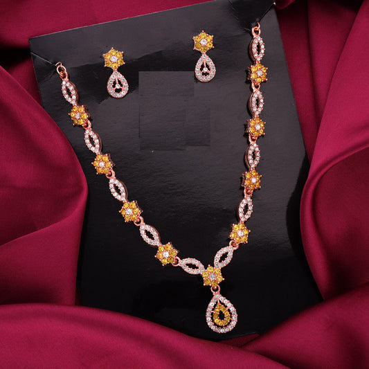 Tehzeeb Creations Elegant Yellow Polished American Diamond (Ad) Studded Necklace And Earring Set For Women - Swadesiicart