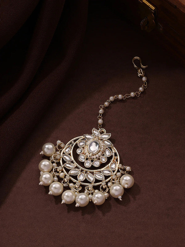 Tehzeeb Creations Gold-Polished Traditional Chandbali Drop Kundan & Pearl Earring With Tikka For Women - Swadesiicart