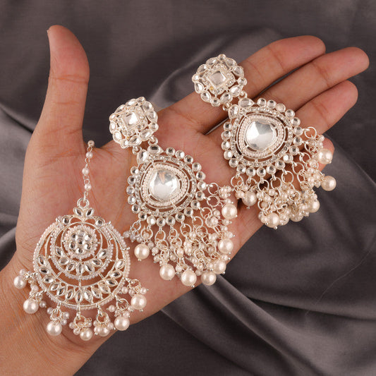 Tehzeeb Creations White Gold Trending Style Drop & Danglers Earring With Tikka For Girls & Women Diamond, Pearl Brass Drops - Swadesiicart
