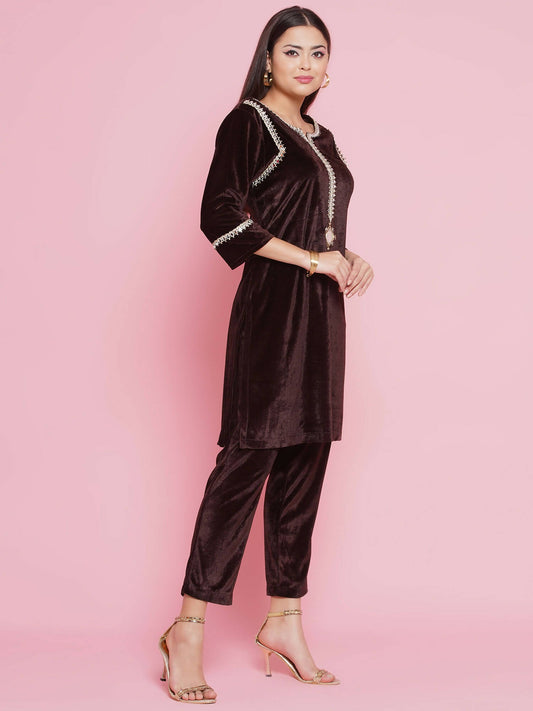 Women Republic Brown Velvet Embellished Co-Ord Set - Swadesiicart