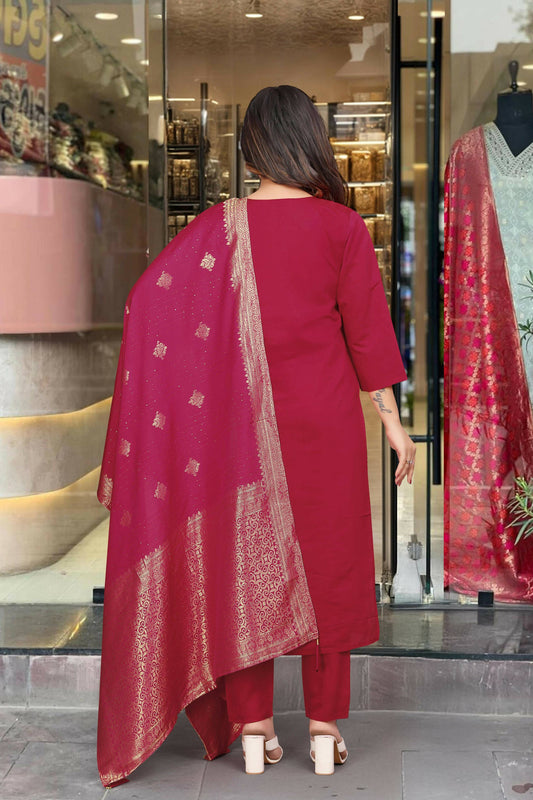 The52 Maroon Beautiful Embroidered Viscose Chanderi Fabric Straight Kurta Pant with Dupatta Set - Swadesiicart