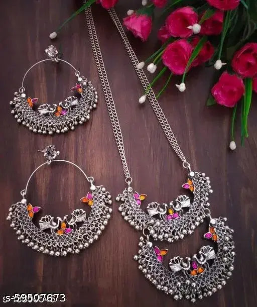 Tehzeeb Creations Women's Silver Colour Oxidised Necklace And Earrings With Peacock Design - Swadesiicart