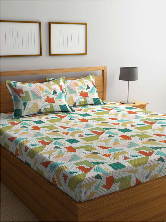 BOMBAY DYEING Serenita Yellow Geometric Cotton 144 TC King Bedsheet & 2 Pillow Covers - Swadesiicart