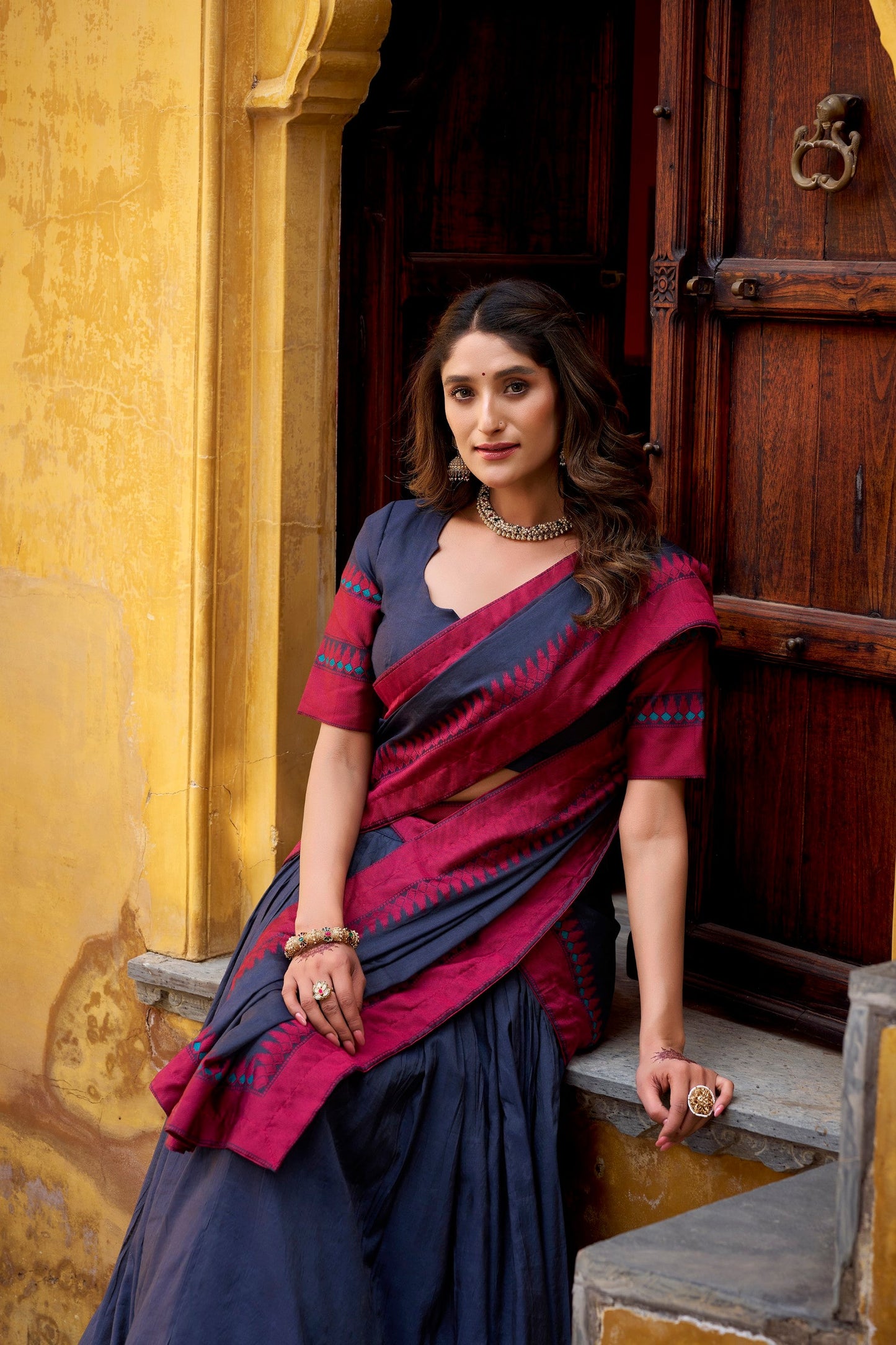 Lorenvalley Fashion Navy Blue Pure Chanderi Thread Work Lehenga Choli with Dupatta - Swadesiicart