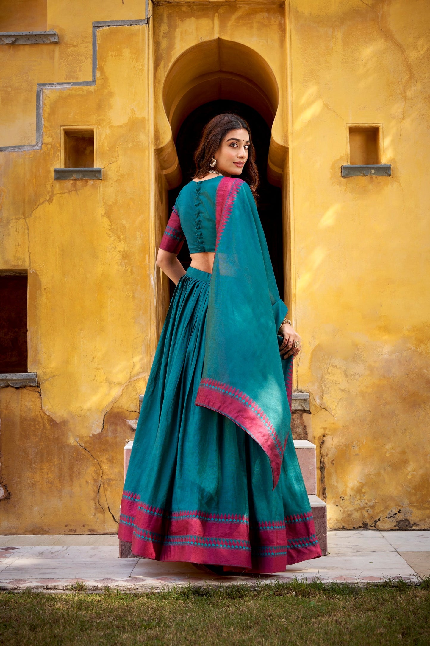 Lorenvalley Fashion Teal Pure Chanderi Thread Work Lehenga Choli with Dupatta - Swadesiicart