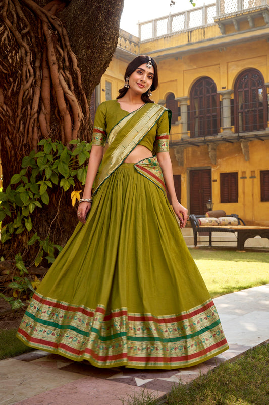 Lorenvalley Fashion Mehendi Pure Chanderi (Naylon) Zari Weaving Work Lehenga Choli with Dupatta - Swadesiicart