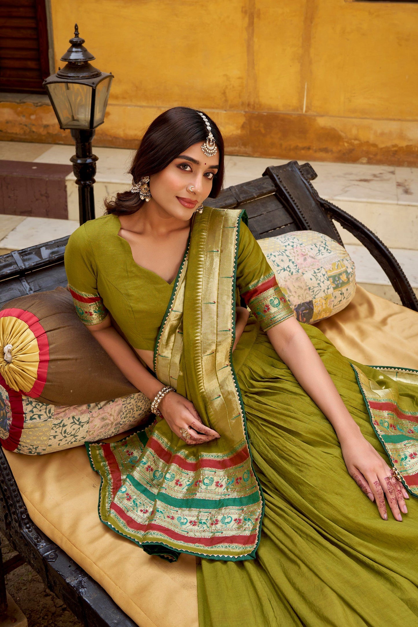 Lorenvalley Fashion Mehendi Pure Chanderi (Naylon) Zari Weaving Work Lehenga Choli with Dupatta - Swadesiicart