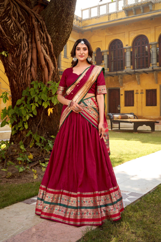 Lorenvalley Fashion Maroon Pure Chanderi (Naylon) Zari Weaving Work Lehenga Choli with Dupatta - Swadesiicart