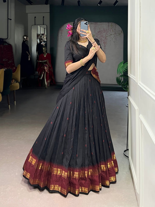 Lorenvalley Fashion Black Pure Chanderi Zari Weaving Work Lehenga Choli with Dupatta - Swadesiicart