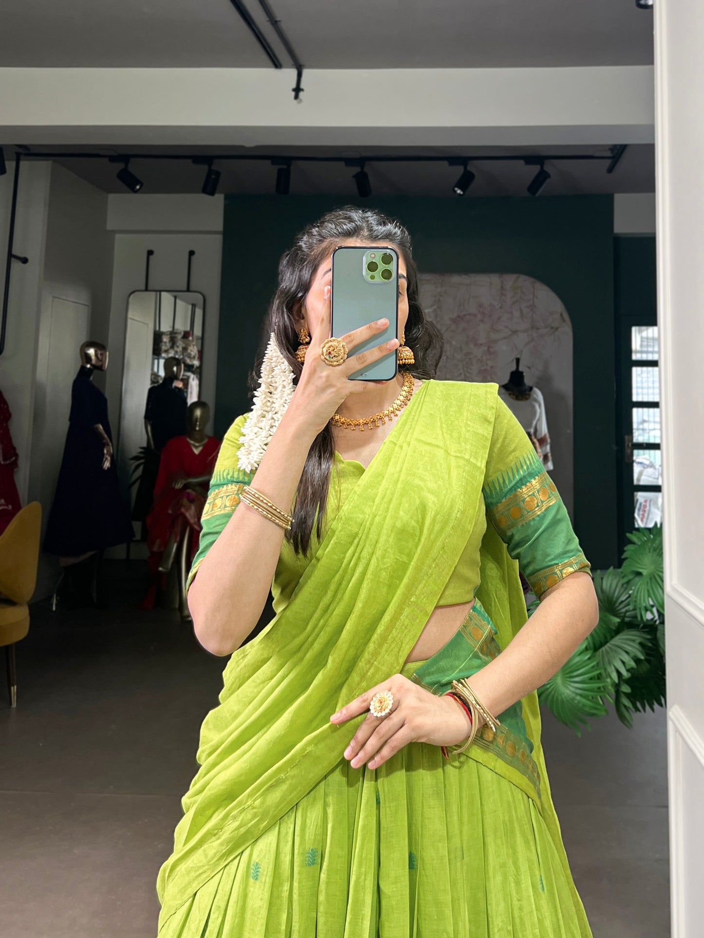 Lorenvalley Fashion Parrot Green Pure Chanderi Zari Weaving Work Lehenga Choli with Dupatta - Swadesiicart