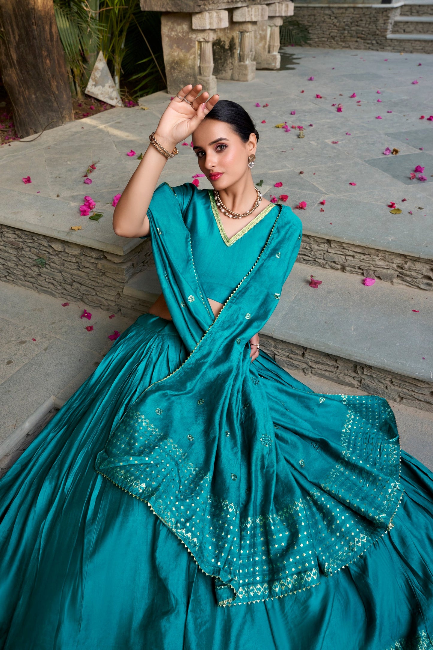 Lorenvalley Fashion Skyblue Pure Chanderi Plain With Zari Weaving Work Border Lehenga Choli with Dupatta - Swadesiicart