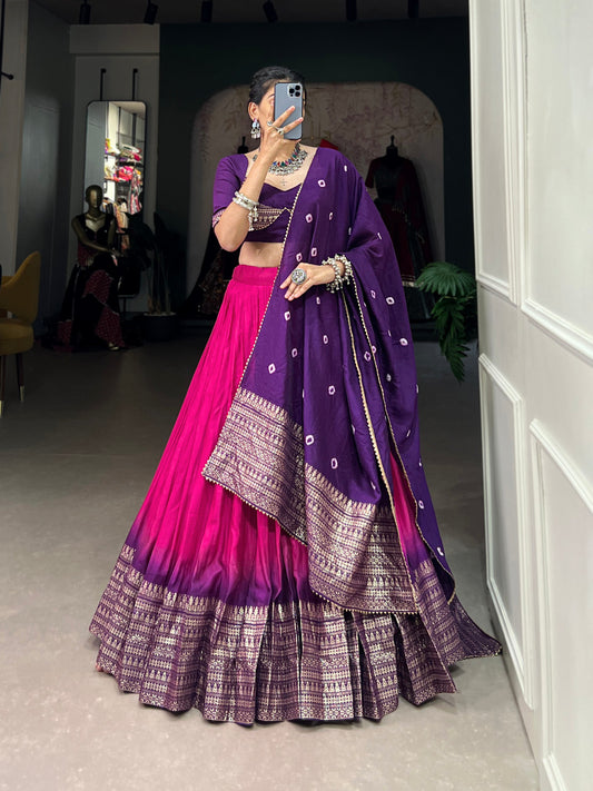 Lorenvalley Pink Chanderi Color Padding With Zari Weaving Work Border Lehenga Choli with Dupatta | Swadesiicart