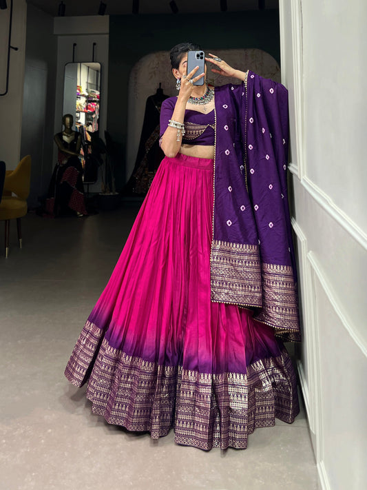 Lorenvalley Pink Chanderi Color Padding With Zari Weaving Work Border Lehenga Choli with Dupatta | Swadesiicart