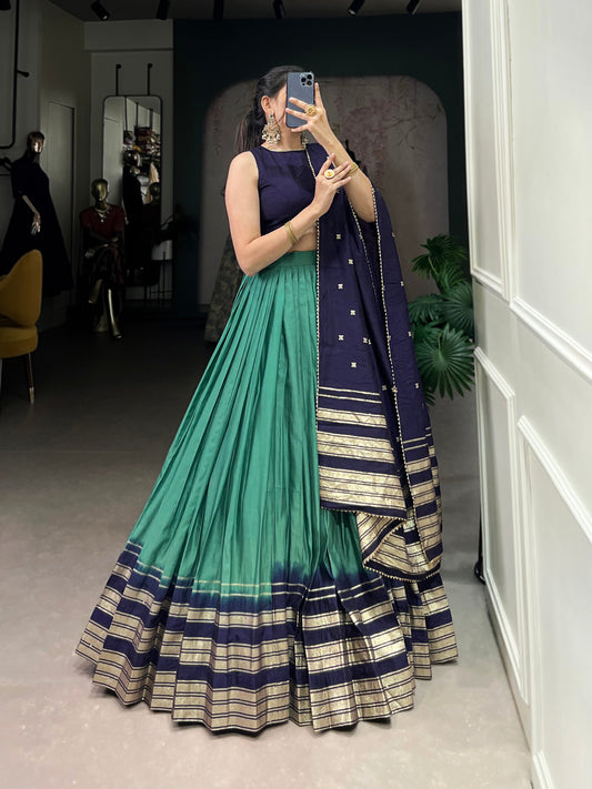 Lorenvalley Firozi Pure Chanderi Plain With Zari Weaving Work Border Lehenga Choli | Swadesiicart