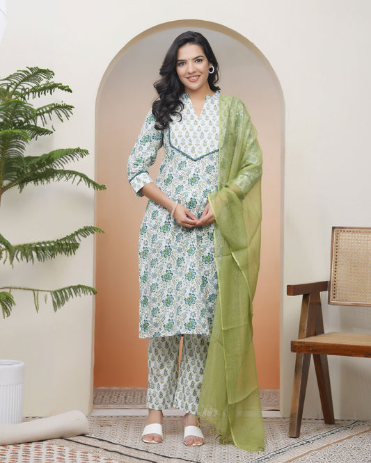 Vaasva Women White Cotton Kurta With Cotton Pant & Dupatta | Swadesiicart