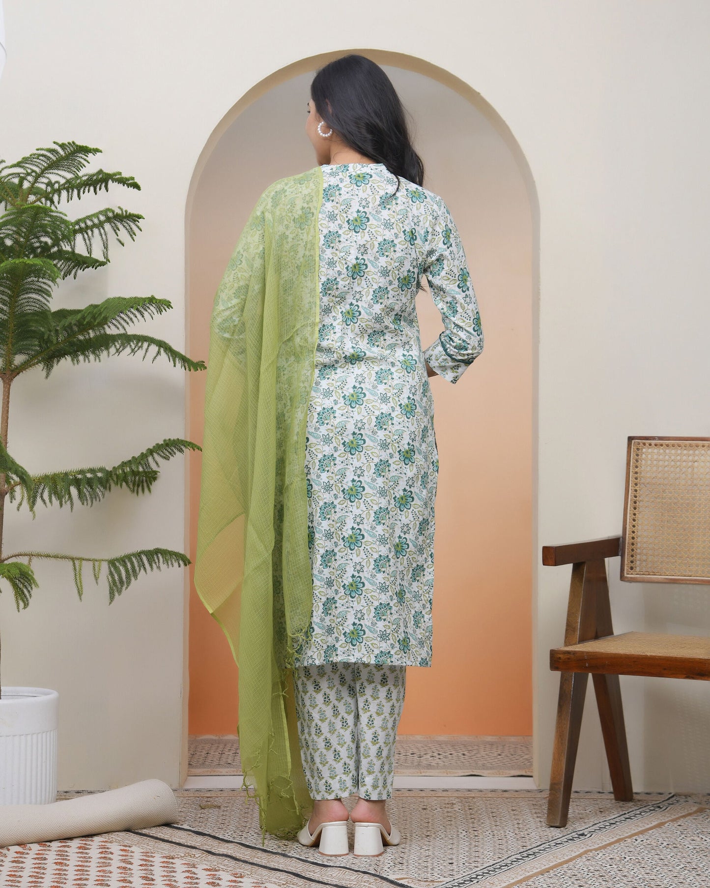 Vaasva Women White Cotton Kurta With Cotton Pant & Dupatta | Swadesiicart