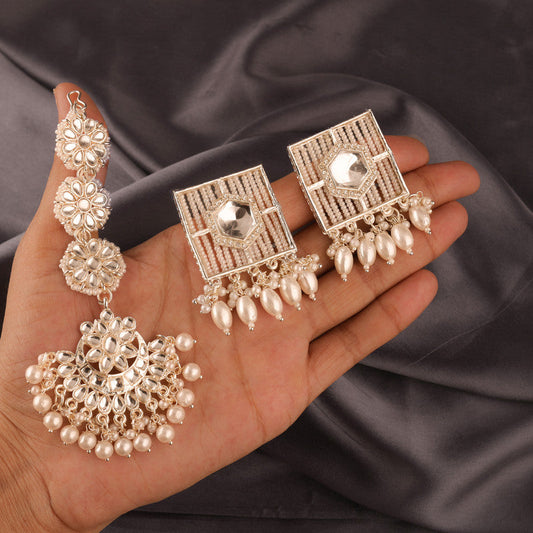 Tehzeeb Creations White Gold Square Shape Earrings With Tikka | Swadesiicart