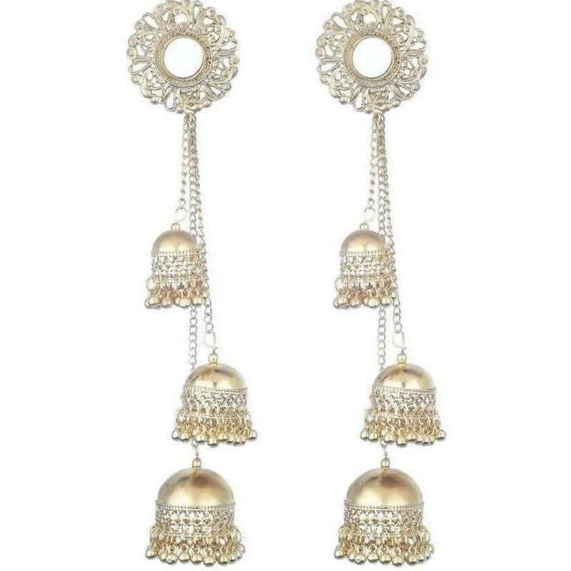 MS Fashion India Gold Color Afghani Kashmir Traditional Hanging Three Jhumka Floral Design Earrings | Swadesiicart