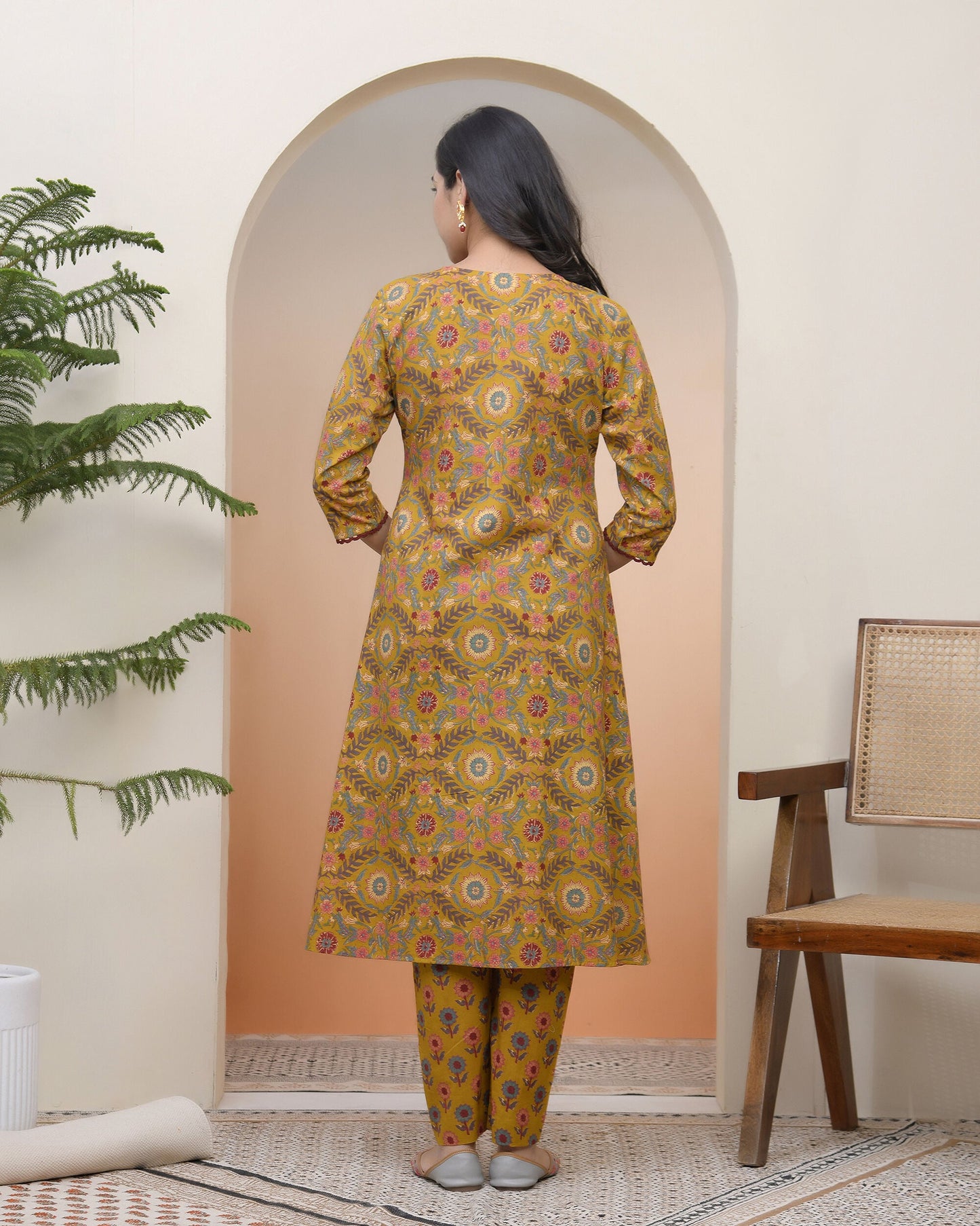 Vaasva Women Mustard Cotton Angrakha Kurta With Cotton Pant & Dupatta | Swadesiicart