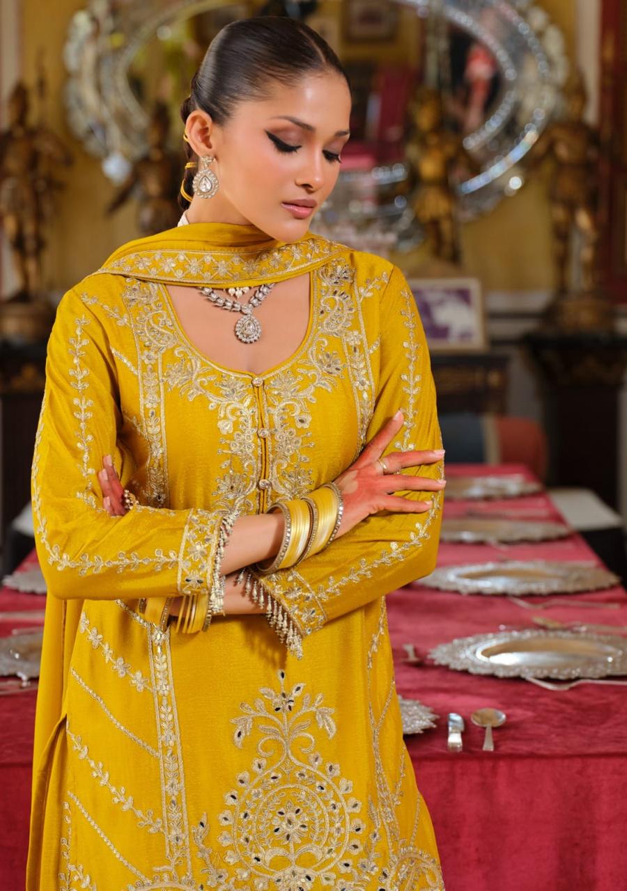 Anaita Yellow Chinon Stitched Suit With Embroidery Work