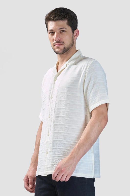 Xkind White Horizontal Pleated Stripes Relaxed Fit Shirt | Swadesiicart