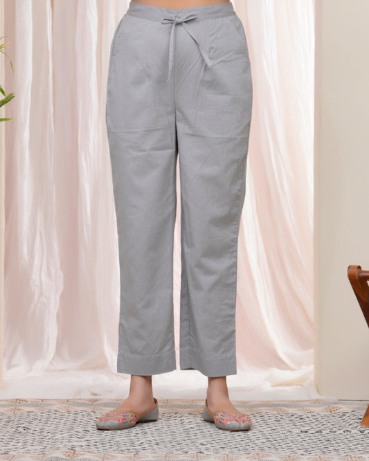 Vaasva Women Grey Cotton Flax Solid Straight Pants | Swadesiicart