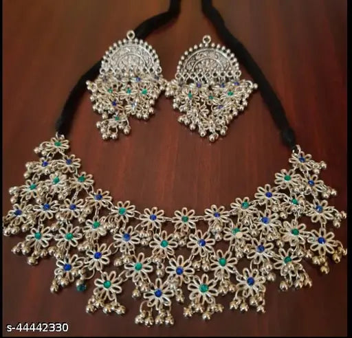 Tehzeeb Creations Women's Silver Colour Oxidised Necklace And Earring With Multi Beads - Swadesiicart